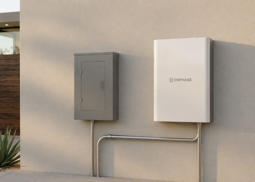 Enphase home backup battery mounted on a wall