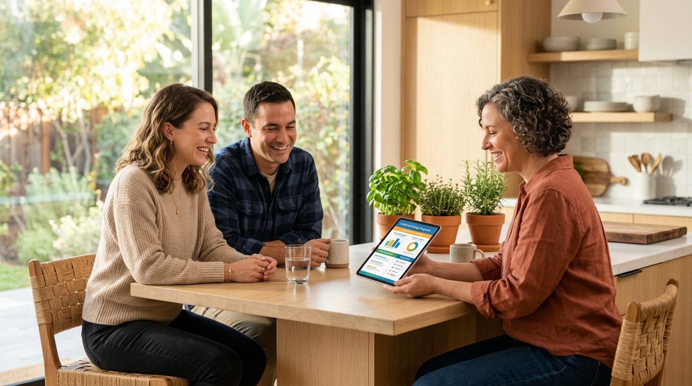 Family reviewing energy program options on a tablet