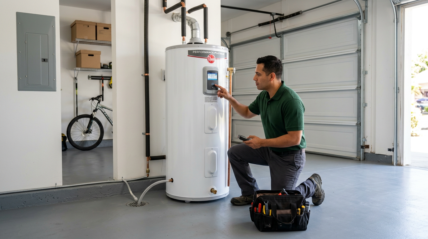 Technician inspecting equipment at a California home
