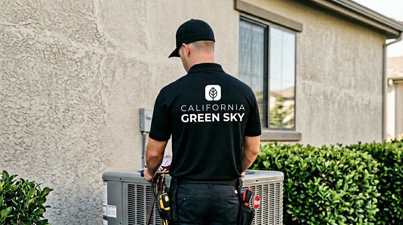 CA Green Sky technician inspecting an HVAC unit beside a California home